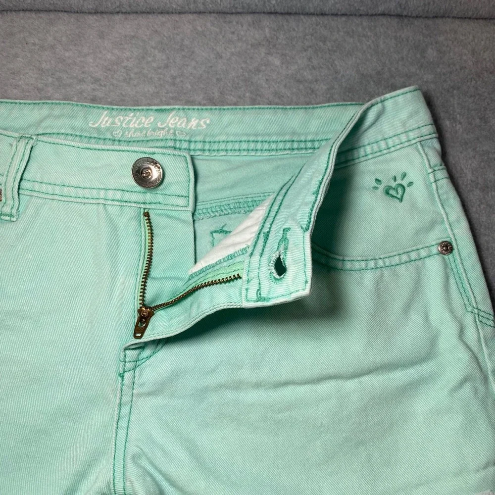 Justice Denim Shorts Kids Girls 12.5 Mint Green Frayed Raw Hem Low Rise EUC